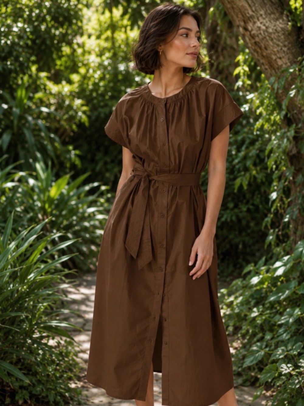 Deluc Brown Button-Front Midi Dress with Self-Tie Waist